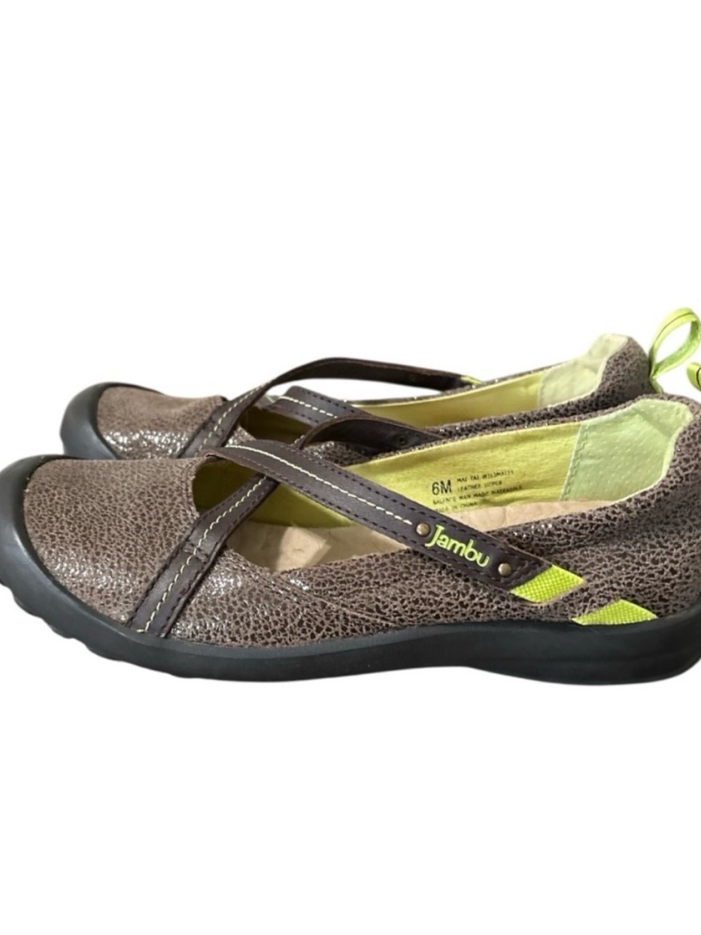 Jambu Brown with Lime Accent Cross-Strap Mary Jane Flats